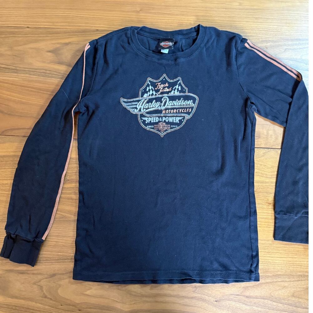 Harley Davidson Track Tested Racing Long Sleeve Shirt XL Black Orange Y2K